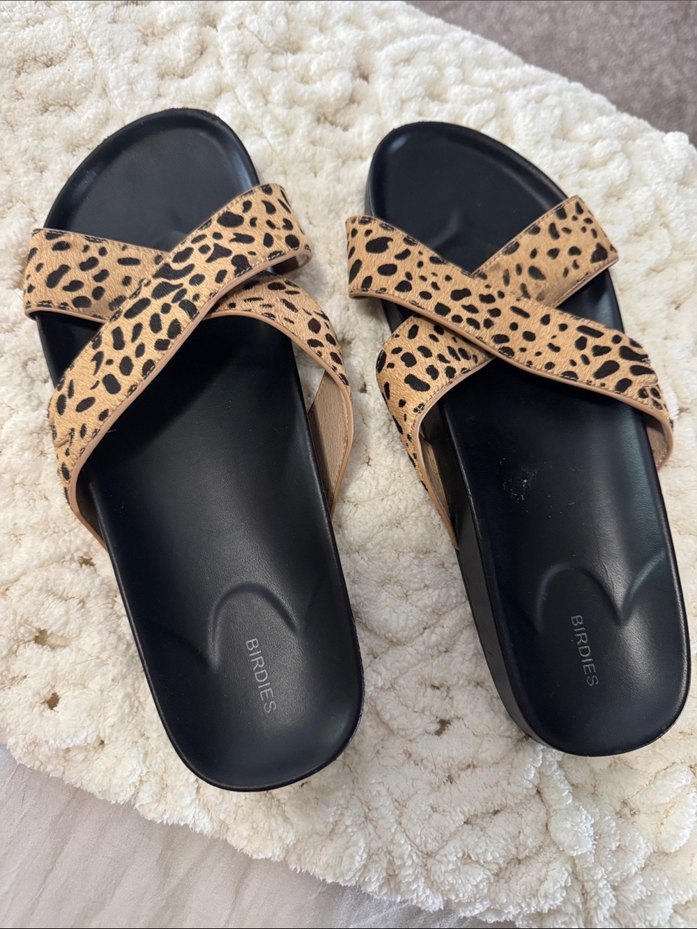 Birdies Leopard-Print Cross-Strap Slides in Tan and Black